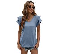 QKEPCY T Shirt Femme à Manches Courtes Col V Volants Tshirt Haut Décontracté Coton Top Casual Été Printemps Tee Élégant Mode Quotidien Basique