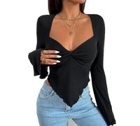 QKEPCY T-Shirts à Manches Longues pour Femmes Crop Tops Col en V Sexy Moulant Haut Slim Fit Basic Tops Ourlet Asymétrique Cropped Shirt Couleur Unie Blouse Chemises Mode(S)