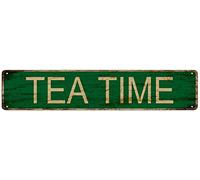 QKIODS Plaque en métal vintage « Tea Time » (verte) - Décoration murale rustique - 10,2 x 40,6 cm