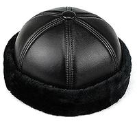 Qklovni Bonnet de type calotte en cuir véritable, casquette de marin, bonnet béret, casquette rétro à bords sans bords à revers retroussés, L