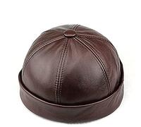 Qklovni Bonnet de type calotte en cuir véritable, casquette de marin, bonnet béret, casquette rétro sans bords à revers, marron, XL