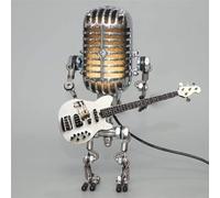 Qklovni Lampe de bureau vintage en forme de robot avec microphone en métal avec mini guitare, lumière vintage pour décoration d'intérieur, table de nuit, lampe de bureau pour chambre à coucher, bar,