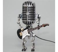Qklovni Lampe de bureau vintage en forme de robot avec microphone en métal avec mini guitare, lumière vintage pour décoration d'intérieur, table de nuit, lampe de bureau pour chambre, bar, restaurant