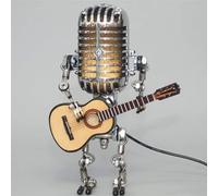 Qklovni Lampe de bureau vintage en forme de robot microphone en métal avec mini guitare, lumière vintage pour décoration d'intérieur, table de nuit, lampe de bureau pour chambre, bar, restaurant
