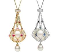 Qklovni Pearl & Gemstone Lavalier Pendant, Handmade Pearl Metal Braided Mesh Necklace, Adjustable Metal Braided Mesh Crystal Holder Necklace,Promote Elegant And Confident (Gold+Sliver)