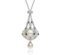 Qklovni Pearl & Gemstone Lavalier Pendant, Handmade Pearl Metal Braided Mesh Necklace, Adjustable Metal Braided Mesh Crystal Holder Necklace,Promote Elegant And Confident (Sliver)