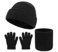 QKURT Enfants Bonnet Bonnet Foulard Gant Ensemble, Enfants Hiver Thermique Cap Cou Plus Chaud Gants d’écran tactile Doux Chaud Chapeau Echarpe Mitaine Coloré pour 5-10 ans