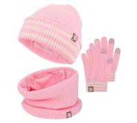 QKURT Ensemble bonnet, écharpe et gants d'hiver chauds pour enfants, bonnet tricoté doux et confortable, tour de cou, gants magiques, rayures et couleurs unies pour garçons et filles de 2 à 8 ans