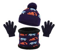 QKURT Ensemble bonnet, écharpe, gants d'hiver pour enfants, motif voiture, bonnet tricoté chaud et confortable, doublure polaire douce, écharpe, mitaines pour garçons et filles de 3 à 8 ans