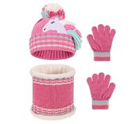QKURT Ensemble bonnet, écharpe, gants et écharpe pour enfants, bonnet tricoté doux et confortable, doublure polaire douce, écharpe thermique, mitaines pour garçons et filles de 3 à 8 ans