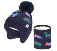 QKURT Ensemble Bonnet et écharpe Tricotés pour Enfants d'hiver, Bonnet Tricoté doux et chaud, Ensemble Cache-cou avec Motif de Dinosaure pour Garçons et Filles de 2 à 6 ans