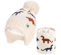 QKURT Ensemble Bonnet et écharpe Tricotés pour Enfants d'hiver, Bonnet Tricoté doux et chaud, Ensemble Cache-cou avec Motif de Dinosaure pour Garçons et Filles de 2 à 6 ans