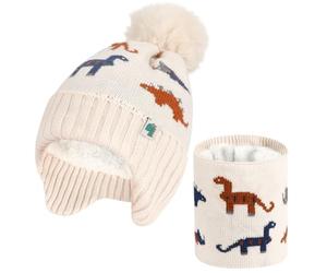 QKURT Ensemble Bonnet et écharpe Tricotés pour Enfants d'hiver, Bonnet Tricoté doux et chaud, Ensemble Cache-cou avec Motif de Dinosaure pour Garçons et Filles de 2 à 6 ans