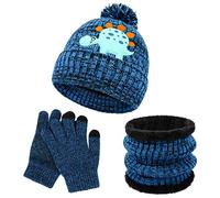 QKURT Ensemble de Gants d'hiver pour Enfants, Bonnets 3 en 1 épaississants, doux et Thermiques avec Motif de Dinosaure Cache-cou Gants Magiques, Ensembles d'accessoires pour Garçons et Filles