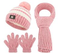 QKURT Ensemble pour enfants bonnet, écharpe et gants, ensemble d'hiver chaud en maille rayée comprenant un bonnet à pompon, un tour de cou et des gants pour les 5-12 ans.