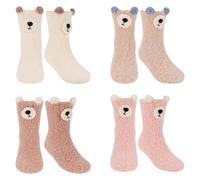 QKURT Lot de 4 paires de chaussettes chaudes et moelleuses pour bébé, en polaire corail avec motif ours, idéales pour l'hiver, idéales pour la marche, pour garçons et filles de 1 à 3 ans
