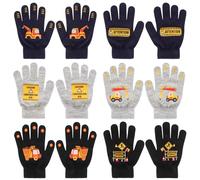 QKURT Lot de 6 paires de gants magiques pour enfants, unisexes, extensibles, chauds, en tricot, pour l'hiver, doigts longs, pour temps froid, motif excavatrice, pour garçons et filles de 4 à 12 ans.