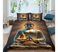 QLasic Parure De Lit Housse De Couette De Couette Bouddha 3D, Literie en Microfibre Housse De Couette Super Douce Et Respirante Bouddha doré avec Taies (King(220x240cm))
