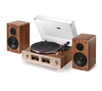 QLEARSOUL HiFire X Platine Vinyle, Système Tourne-Disque HiFi Audiophile avec Enceintes Bibliothèque 100W, VU Mètre, Préampli DSP, Compatible 33/45 RPM, RCA Line in | Out