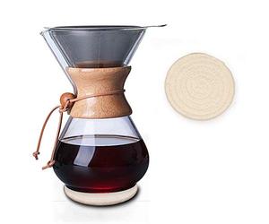 QLESHINING Cafetière à col en bois avec filtre réutilisable en acier inoxydable, carafe en verre borosilicate de 800 ml, infuseur à café, peut contenir 4 tasses