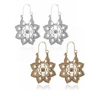 QLEUIFT 2 paires De Boucles d'oreilles fleur mandala Boucles d'oreilles pendantes en argent Boucles d'oreilles tribales Boucles d'oreilles ethniques vintage Bijoux pour femmes et filles(Argent,bronze)