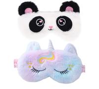 QLEUIFT 2 pcs Masques de Nuit Enfant, 3D Masques de Sommeil en Peluche Cache Oeil pour Dormir Panda Mignon Drôle Bande Dessinée, Masque pour Dormir Mignon pour Enfant Adulte, Version Panda et Licorne