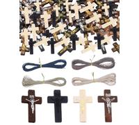 QLEUIFT Mini Bois Croix,120 PCS 42*24mm Naturel Pendentifs Croix En Bois avec 40M Corde De Cire Collier Accessoires Croix En Bois Ornement pour DIY Artisanat Bracelet Fabrication De Bijoux(4 Couleurs)