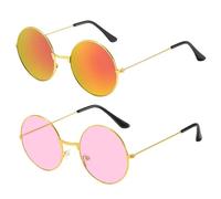 QLHNGUZ Lot de 2 lunettes de soleil hippies, lunettes rondes en métal rose et orange, lunettes de soleil rondes hippies, vintage, lunettes de soleil disco verres colorés pour déguisement