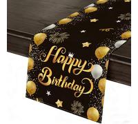 QLK Chemin de Table pour Anniversaire, Happy Birthday Bannière Fond Nappe Anniversaire, 33*183 cm Poster Décoration de Fête, Fond Poster Fournitures pour Fête d'anniversaire, Noir et Or