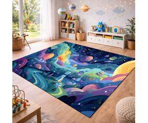 QLKIYBG Kids Space Rug for Boys Girls Bedroom, Non Slip Washable Galaxy Area Rug, Soft Robot Rocket Planet Carpet for Playroom, Reading Corner, Ideal Halloween Decor(Size:180ⅹ260cm,Color:N)