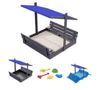 QLS Bac à sable en bois 120 cm avec banc et toit bleu Couverture imprégnée 11290