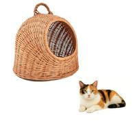 QLS Lit pour chat en osier avec poignée de transport - Panier tressé à la main pour chats et petits chiens - 40 x 34 x 35 cm - Matériau naturel, stable et décoratif
