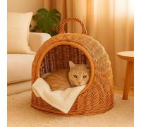 QLS Lit pour chien et chat en osier - 40x34x35 cm Panier avec poignée Tressé à la main 11360