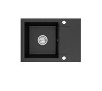 QLS LUNA Évier de cuisine en granit 1 bac avec égouttoir 59 x 44 cm - Réversible - Avec siphon automatique - Pour meuble sous-évier de 40 cm - Noir, blanc, beige, gris - Mat - Compact (noir)