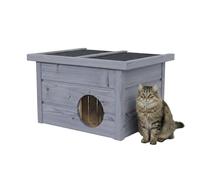QLS Maison d'extérieur pour chat - 40 × 50 × 37 cm - En bois avec toit pliable - 2 cm de polystyrène - Résistant aux intempéries et à l'hiver - Rideau de protection contre le froid (gris)