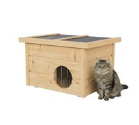 QLS Maison d'extérieur pour chat - 40 x 50 x 37 cm - En bois avec toit pliable - 2 cm de polystyrène - Résistant aux intempéries et à l'hiver - Rideau de protection contre le froid (chêne)