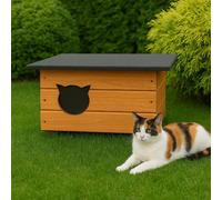 QLS Maison en bois isolée pour chats 60x40x40 cm - Résistante à l'hiver avec rideau, teck 11355