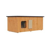 QLS Maison isolée pour chat - 86 x 47 x 37 cm avec entrée, griffoir, toit d'ouverture, rideau et isolation en polystyrène - Résistant aux intempéries - Teck