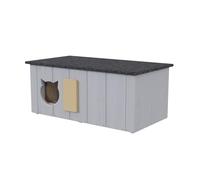 QLS Maison isolée pour chat - 86 x 47 x 37 cm avec entrée, griffoir, toit d'ouverture, rideau et isolation en polystyrène - Résistant aux intempéries - Gris