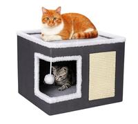 QLS Maison pour chat 2 en 1 avec griffoir - 42 × 42 × 35 cm - Meuble pliable pour chat avec balle de jeu, coussin double face et surface de couchage en sisal, idéal pour dormir et jouer