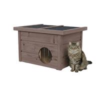 QLS Maison pour chat d'extérieur 40 × 50 × 37 cm en bois avec toit pliable, 2 cm de polystyrène, résistant aux intempéries et à l'hiver, rideau de protection contre le froid (palissandre)