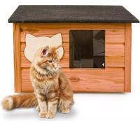 QLS Maison pour chat en bois 53x39cm avec matelas Isolé Monté Marron Résistant à l'hiver 10981