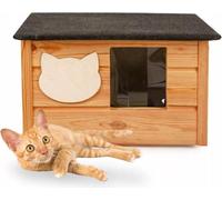 QLS Maison pour chat en bois 53x39cm avec matelas Isolé Monté Marron Résistant à l'hiver 10982