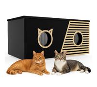 QLS Maison pour chat XXL 85 x 45 x 37,5 cm - Résistant aux intempéries et isolée avec rideau de protection, toit rabattable et sol OSB, pour jusqu'à 4 chats d'extérieur (noir)