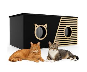 QLS Maison pour Chat XXL isolée avec Rideau 85 x 45 cm Noir