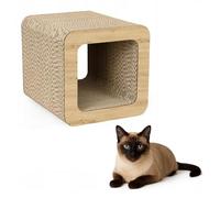 QLS Meuble pour chat en carton ondulé - 37 × 30 × 30 cm - griffoir, niche pour chat, couchette avec jouet pour chat et herbe à chat (chêne Sonoma)