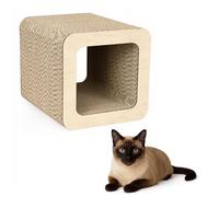 QLS Meuble pour chat en carton ondulé - 37 x 30 x 30 cm - Griffoir - Grotte pour chat - Espace de couchage avec jouet pour chat et herbe à chat (beige)