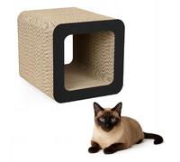 QLS Meuble pour chat en carton ondulé - 37 x 30 x 30 cm - Griffoir - Grotte pour chat - Espace de couchage avec jouet pour chat et herbe à chat (noir)