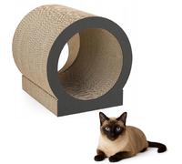 QLS Meuble pour chat en carton ondulé - 39 x 38 x 39 cm - Griffoir - Grotte pour chat - Espace de couchage avec jouet pour chat et herbe à chat - Graphite