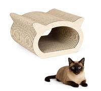 QLS Meubles pour chat en carton ondulé - 37 × 36 × 23 cm - Planche à griffer, grotte pour chat, couchette avec jouet pour chat et herbe à chat (beige)